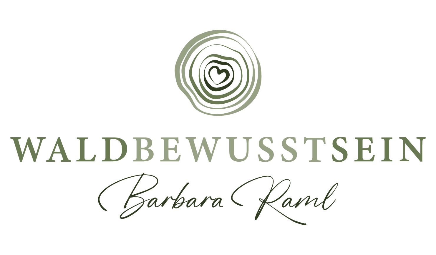 Logo mit Schriftzug 'Waldbewusstsein Barbara Raml' und einem stilisierten Baumring mit Herz in der Mitte.