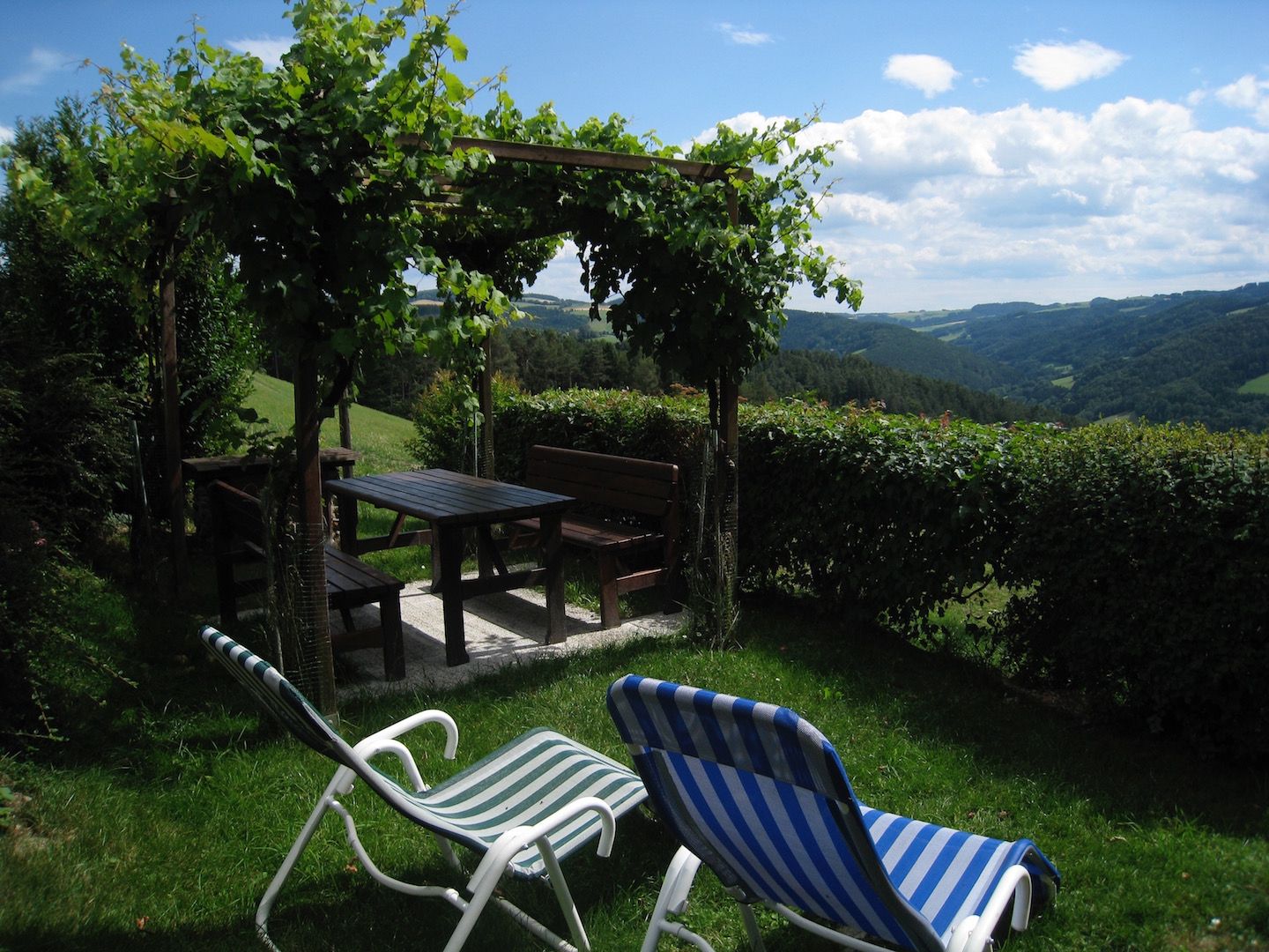 Gartenlaube mit Tisch und Bänken, umgeben von grüner Landschaft und zwei Liegestühlen im Vordergrund.