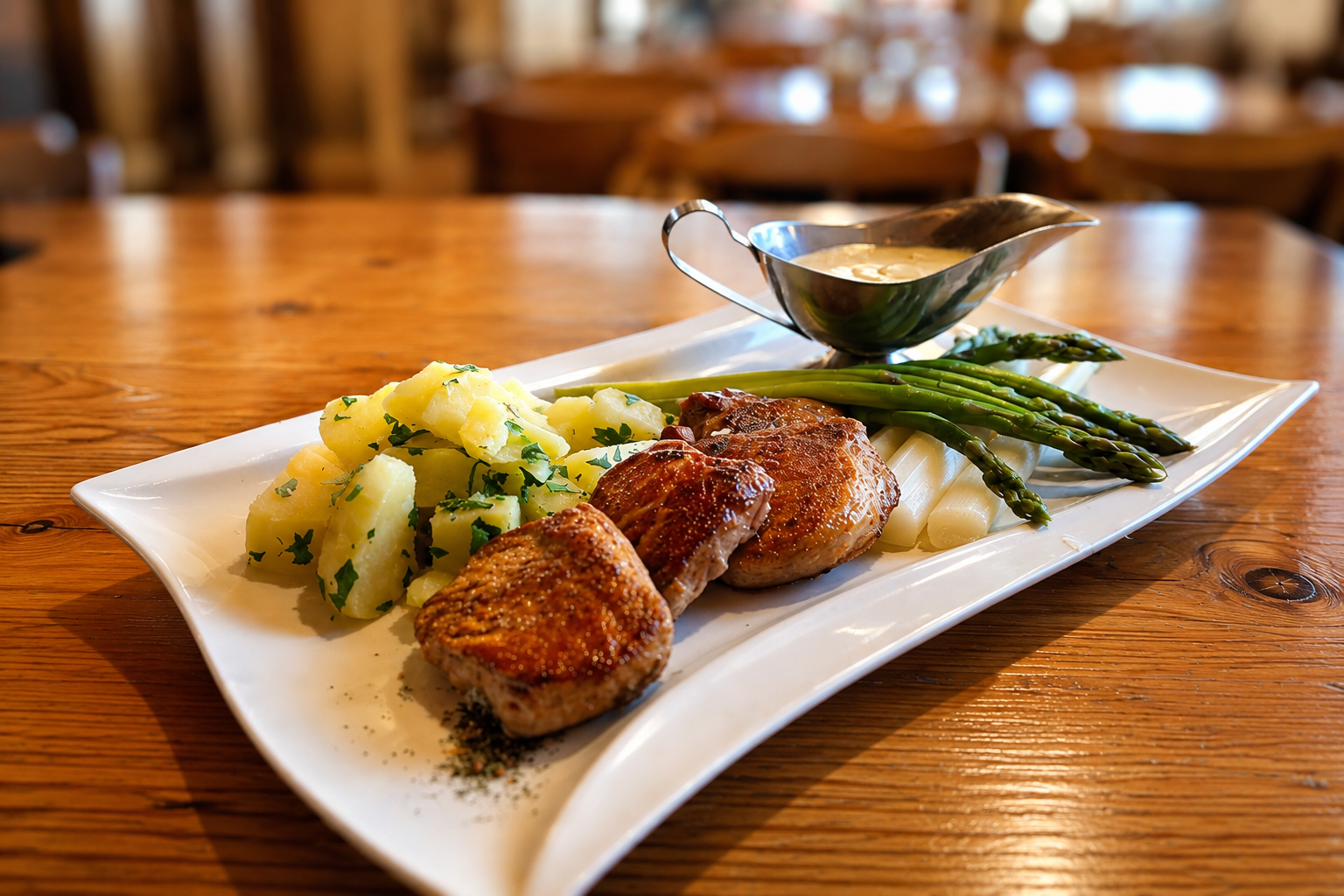 Ein Teller mit Schweinemedaillons, Kartoffeln, Spargel und Sauce auf einem Holztisch.