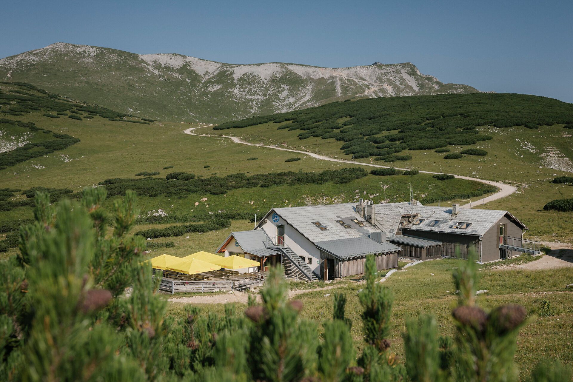 Panoramablick auf das Damböckhaus am Schneeberg mit umliegender Berglandschaft
