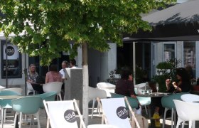 A pavement garden with chairs and deckchairs under a tree.