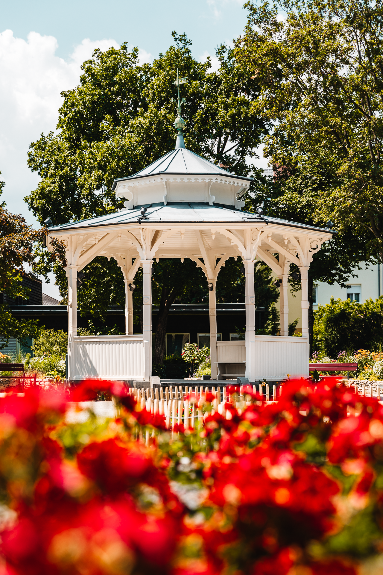 Pavillon im Stadtpark, im Vordergrund ist eine rote Blume. 