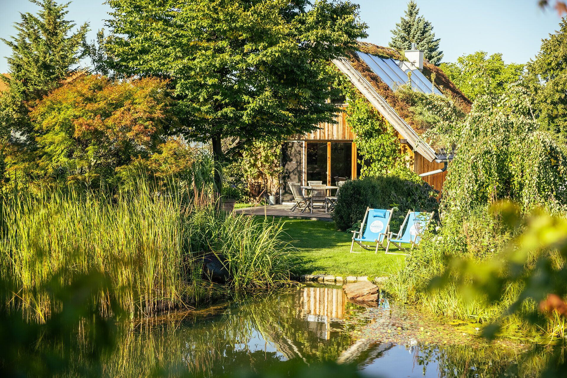 Ferienhäuser Gruber-List in St. Corona am Wechsel inmitten von grünen Wiesen, Bäumen und Sträuchern. Ein Teich lädt zum verweilen ein.