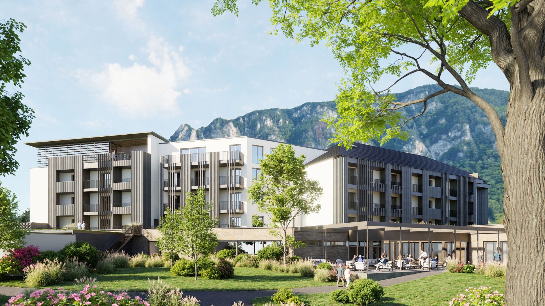 Das Bild zeigt eine Visualisierung vom Parkhotel Hirschwang: Modernes Gebäude mit Flachdach und Terrasse hinter einem modernen Garten mit Blühern, Gräsern und hohen Bäumen.