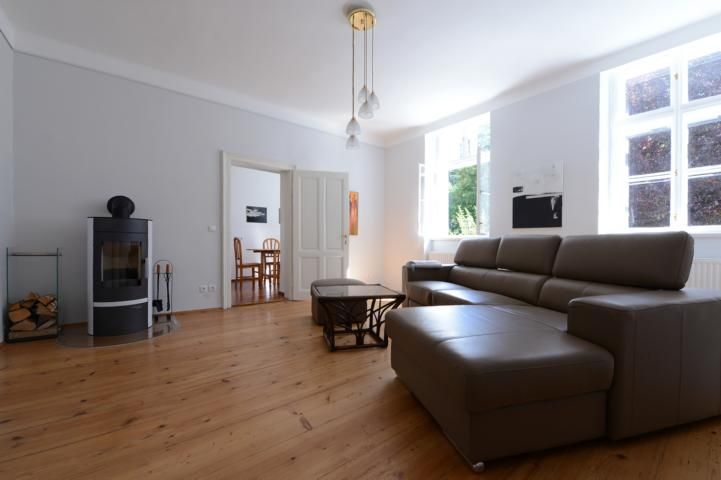 Wohnzimmer mit Ledersofa, Kamin und Holzboden.