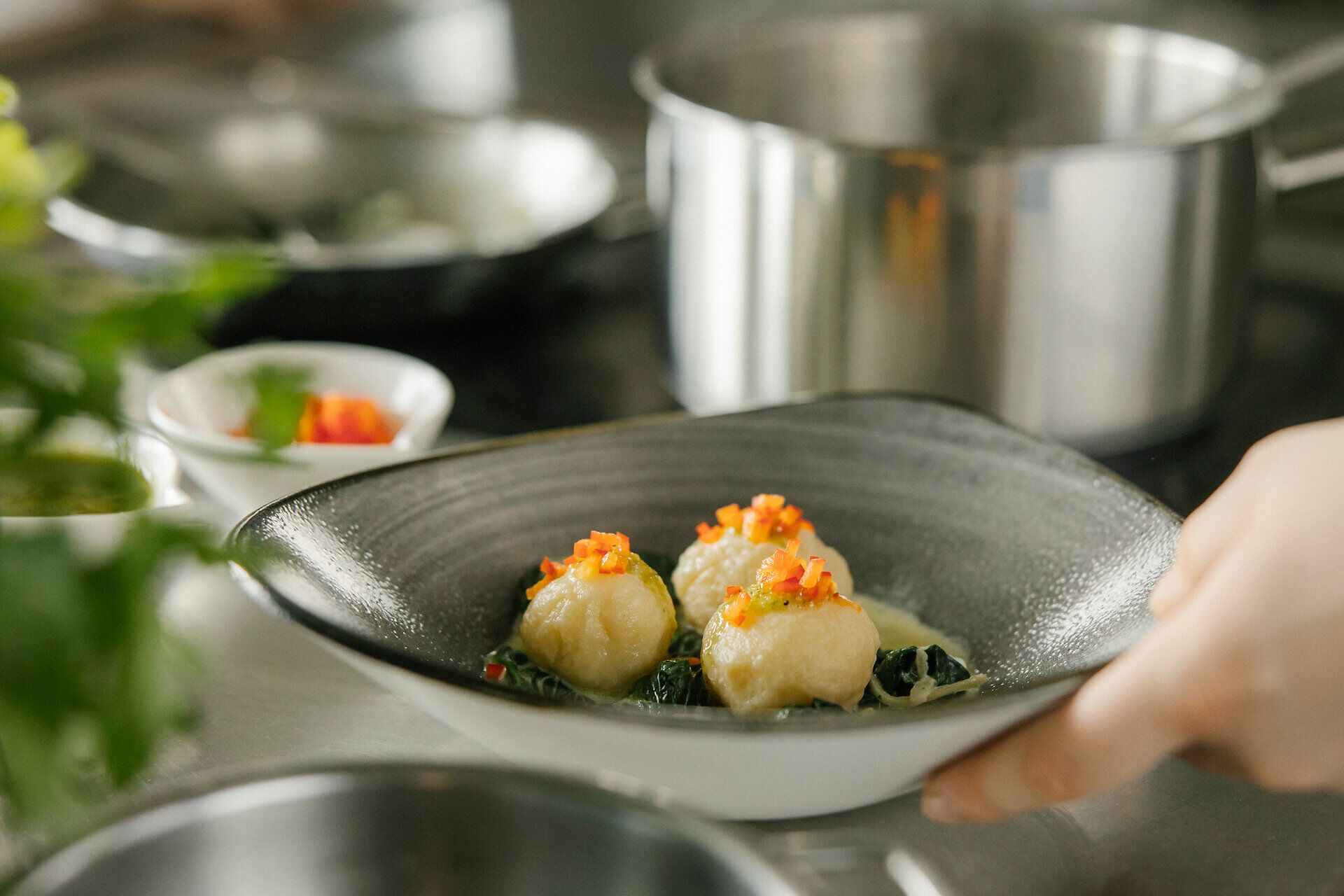 Hand trägt einen Teller mit angerichtetem Gericht in einer Küche.