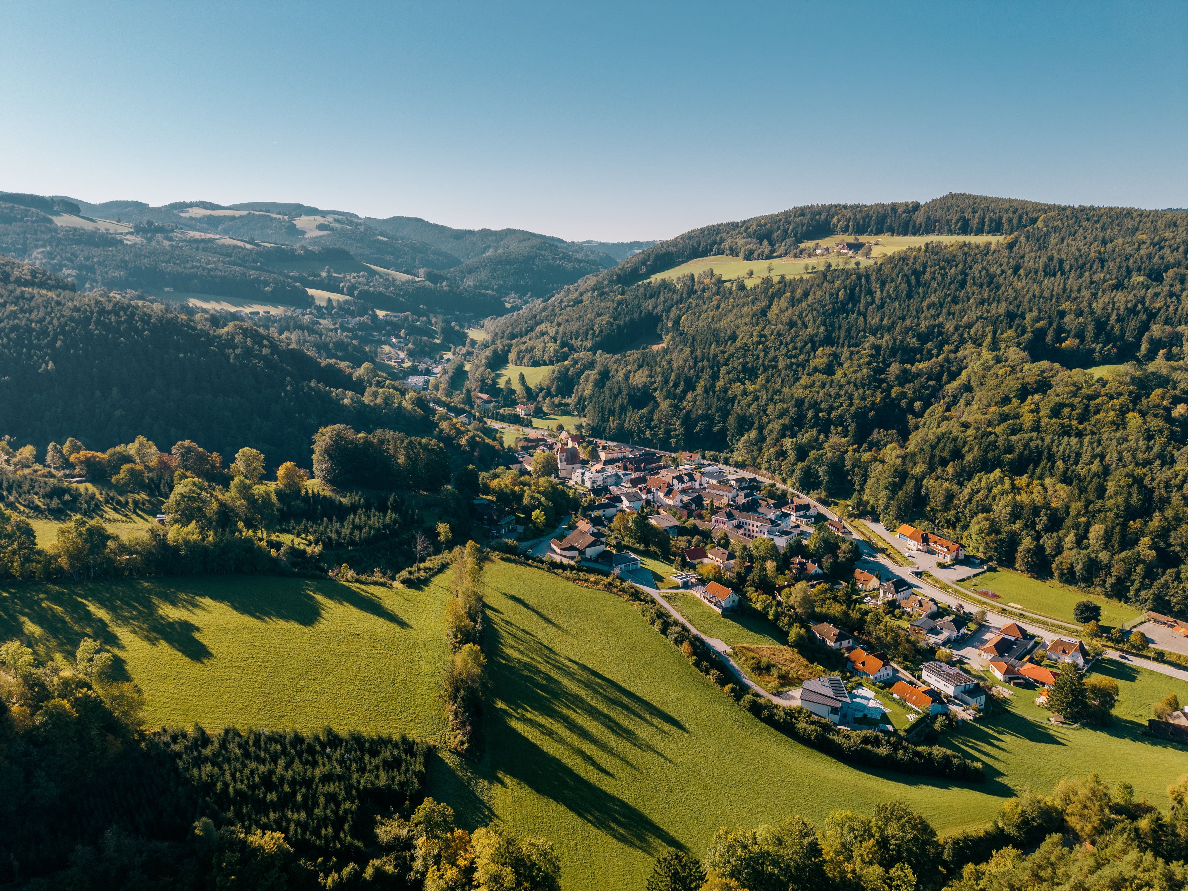 Luftaufname einer grünen Hügellandschaft mit dem Ort Edlitz im Tal