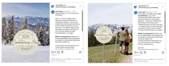 Screenshot Instagram Posts Wiener Alpen zum Thema Jubiläumsjahr 2026