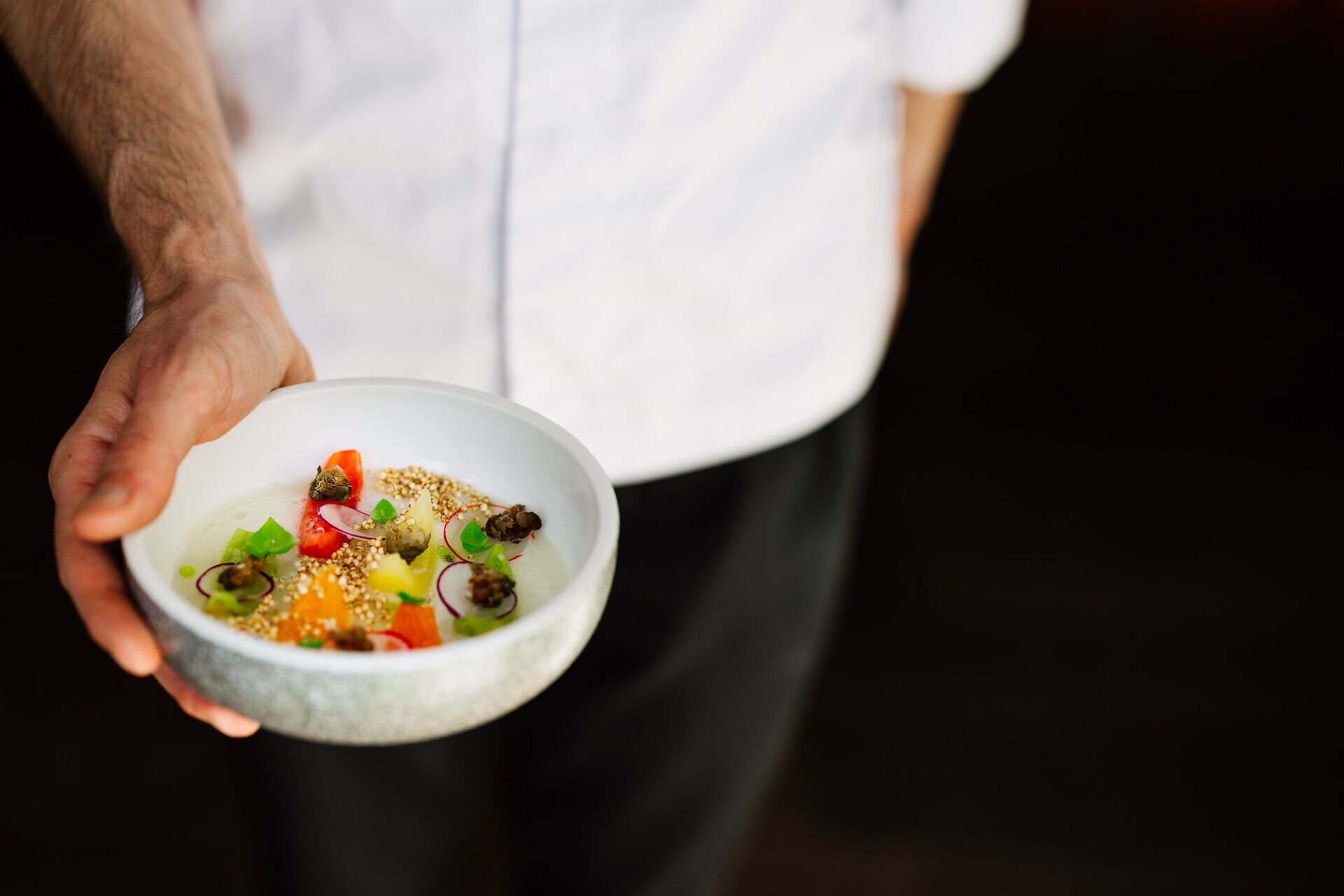 Ein kunstvoll angerichteter Teller mit frischen Tomaten in verschiedenen Variationen, umgeben von einer feinen Tomaten-Essenz und -Schaum, lädt zu einer kulinarischen Entdeckungsreise ein. Die leuchtenden Farben der Zutaten harmonieren perfekt und versprechen ein Geschmackserlebnis, das die Sinne verzaubert. Genießen Sie die exquisite Küche inmitten der malerischen Kulisse der Wiener Alpen.