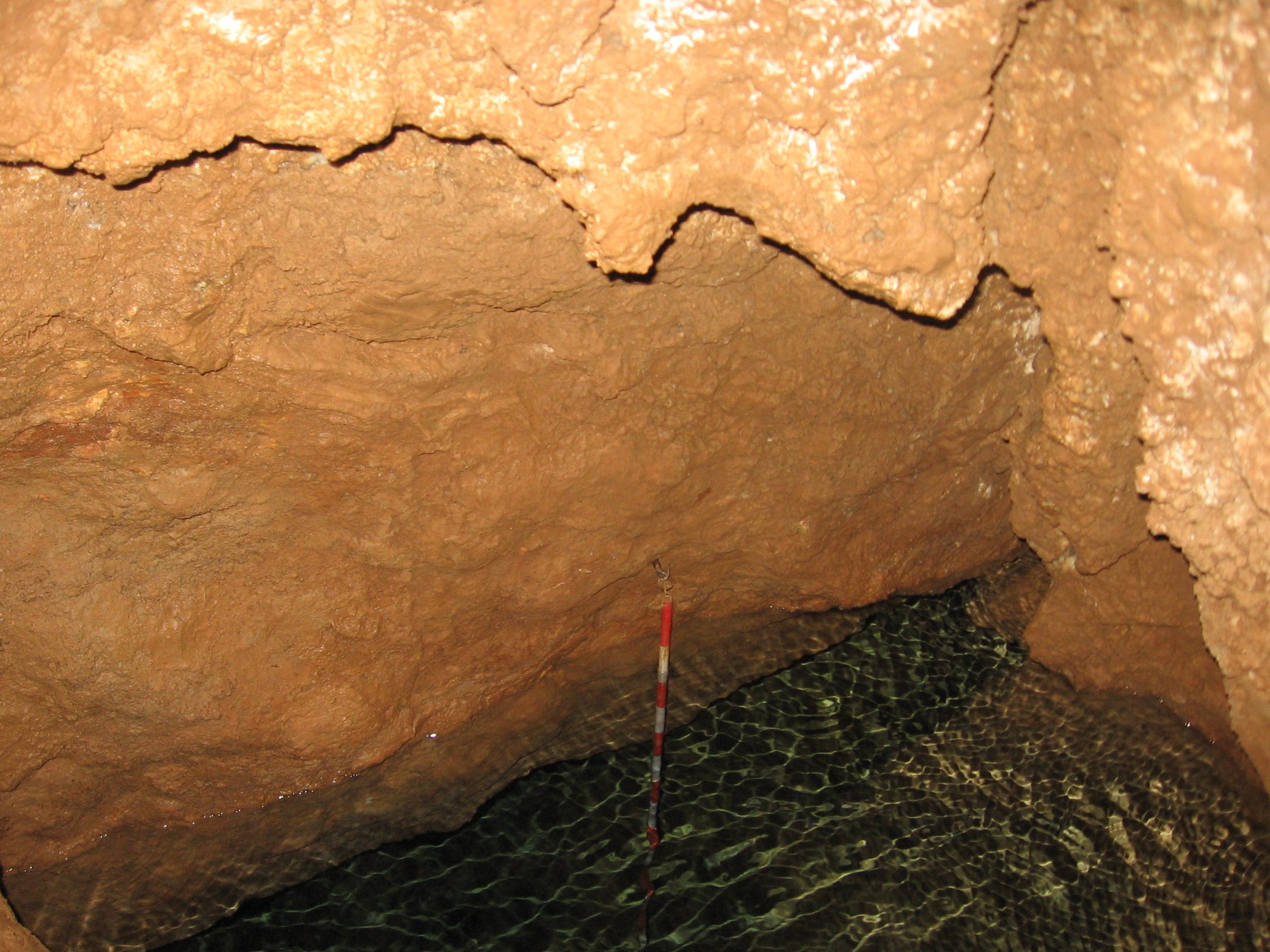 Innenansicht einer Höhle mit Wasser und braunen Felswänden.