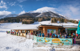 Ski hut with snowy landscape