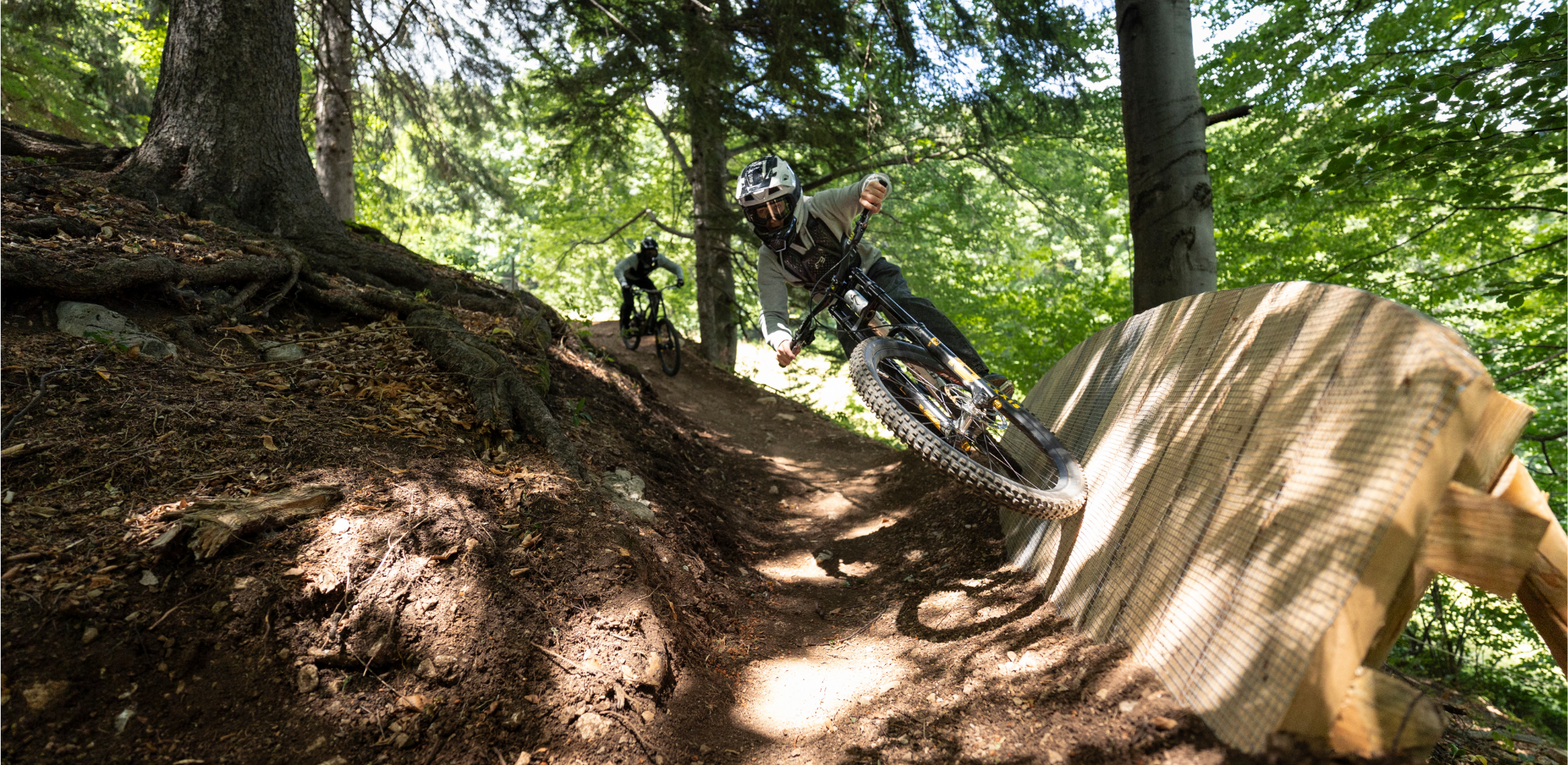 Zwei Mountainbiker fahren auf einem Waldpfad mit einer Holzrampe.