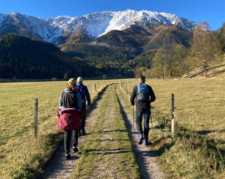 Four hikers on a dirt road with snow-covered mountains in the background.
