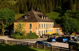 A yellow pub with a terrace and parasols, surrounded by trees and cars, in front of a wooded hill.