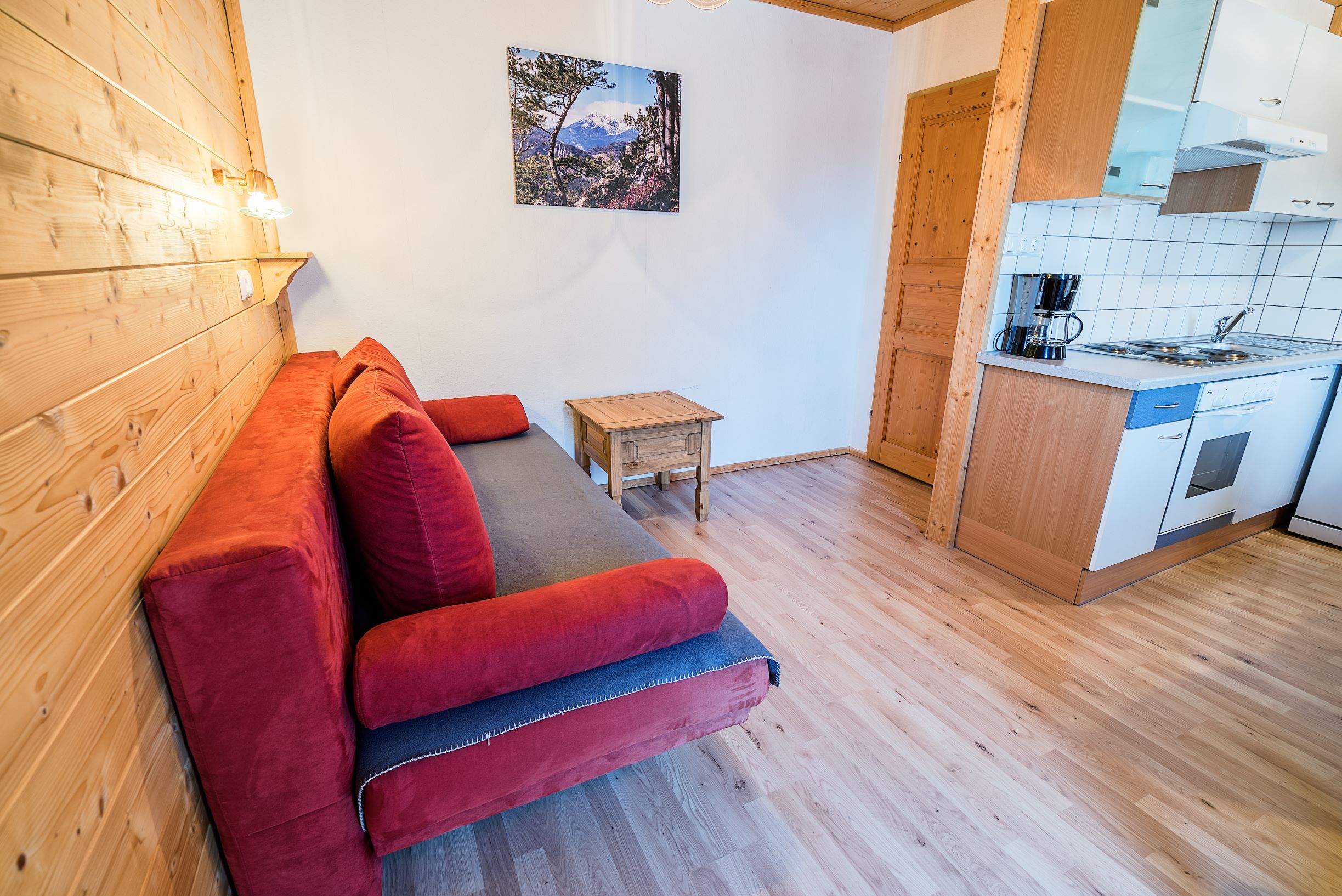 Wohnzimmer mit rotem Sofa, Holzwänden und kleiner Küche.