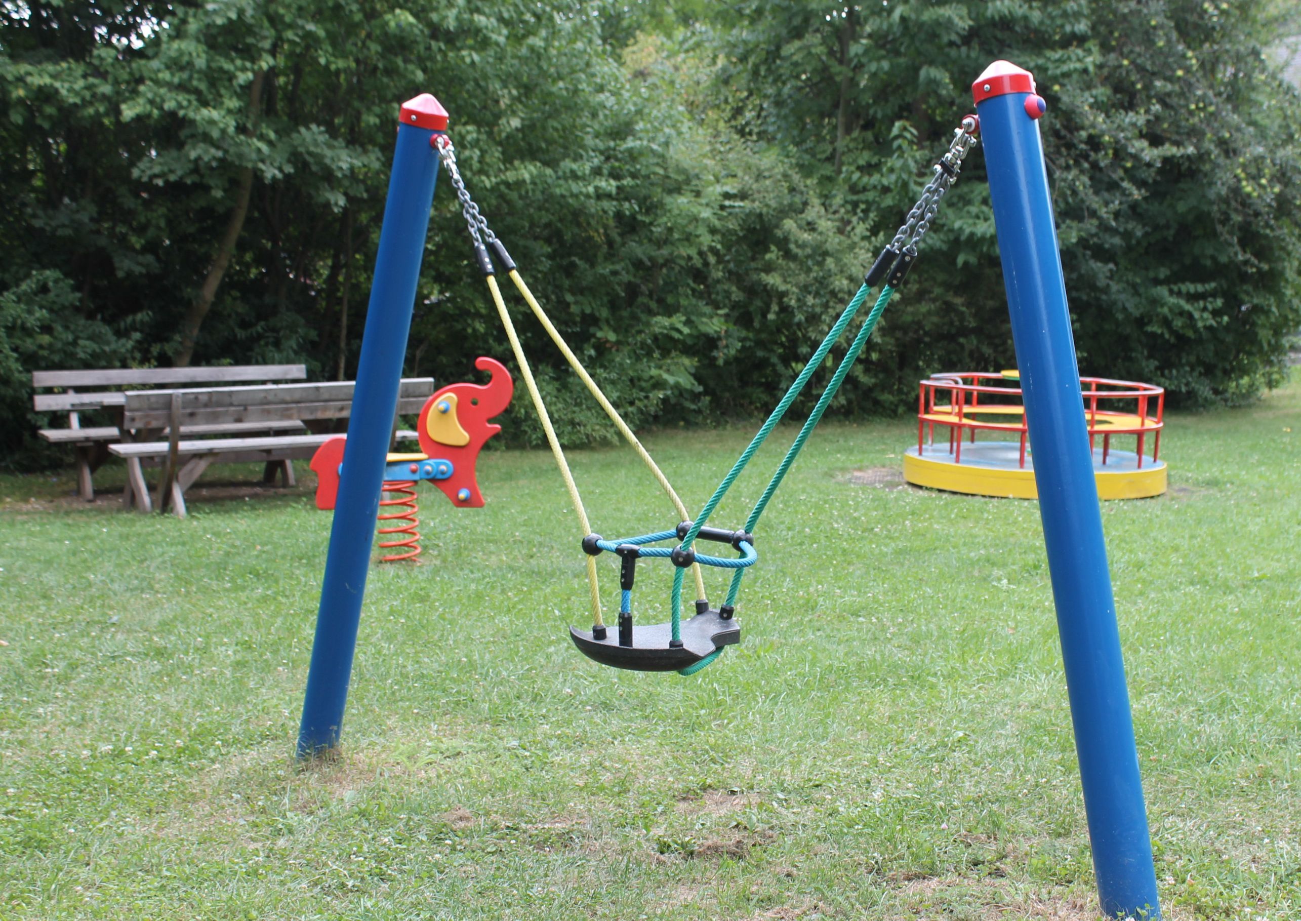 Spielplatz mit Schaukel, Wippe und Karussell auf einer Wiese.