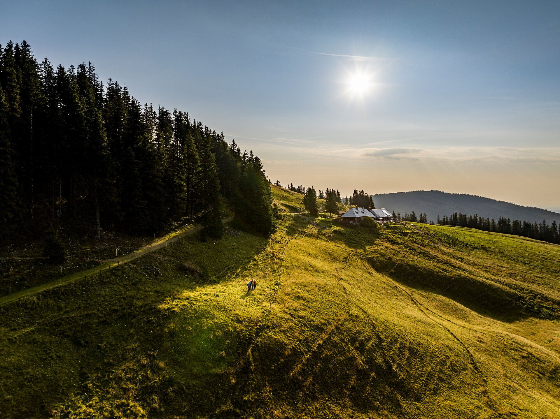 Blick über die Almlandschaft der Schwaigen am Wechsel. Ein Wanderweg führt durch die sanften Hügel, im Hintergrund liegt eine Hütte unter der tief stehenden Sonne.