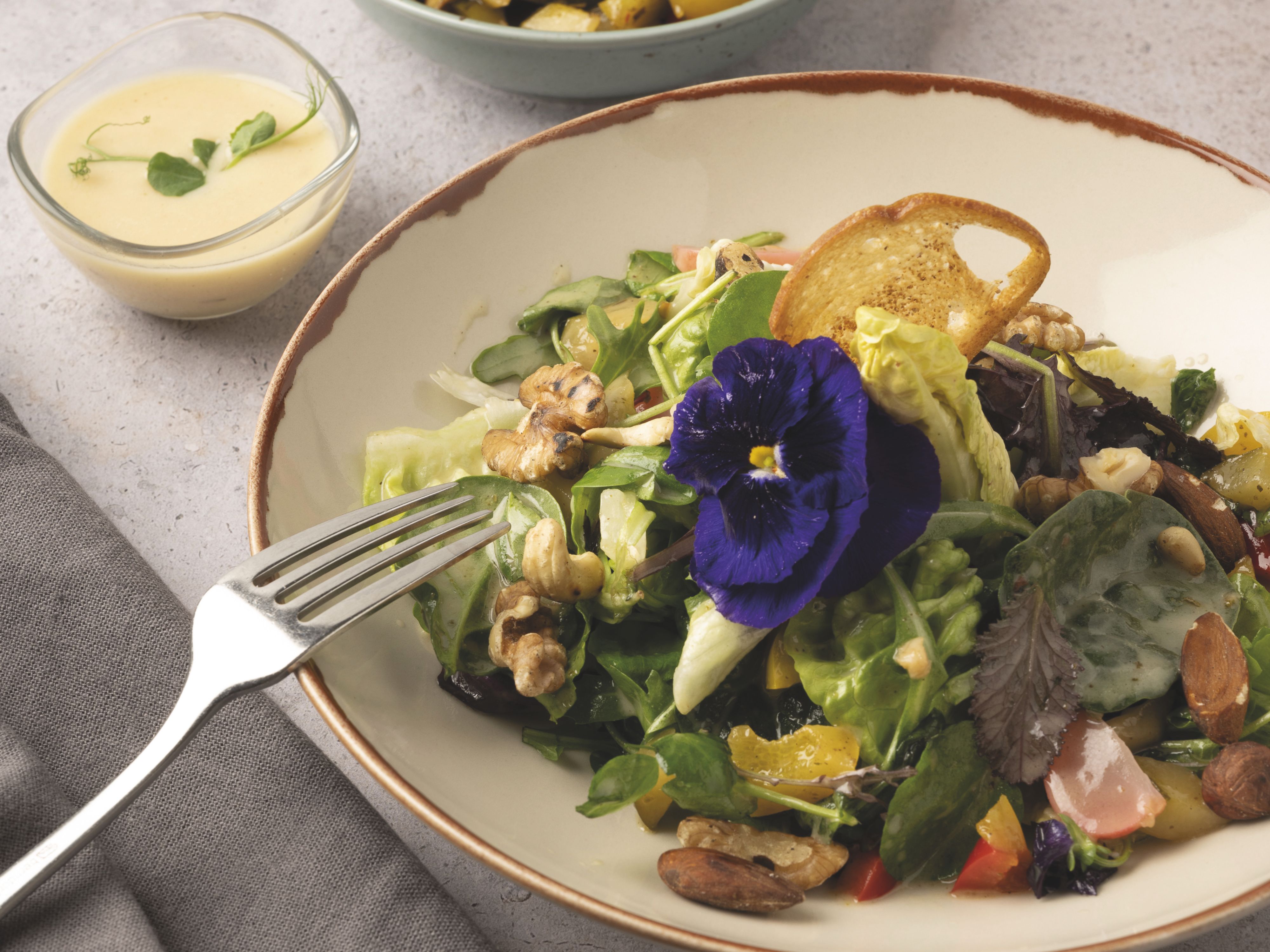 Ein Teller mit Salat, garniert mit Nüssen, Gemüse und essbaren Blumen, daneben kleine Glasschüssel mit Dressing.