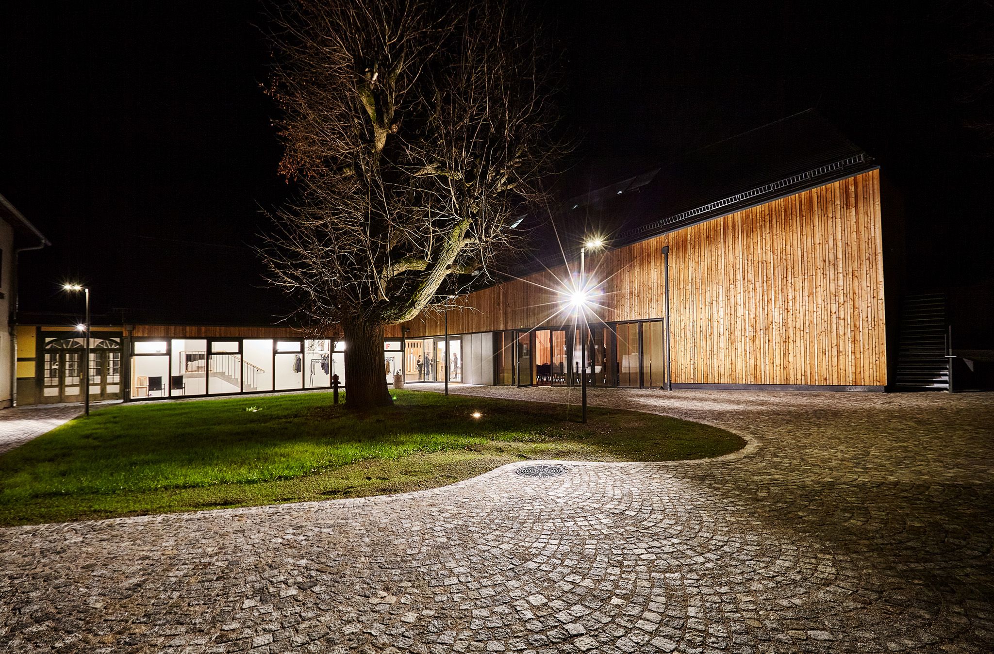 Night shot of a modern building with a wooden façade and large windows, illuminated by streetlights, with a large tree in the foreground.