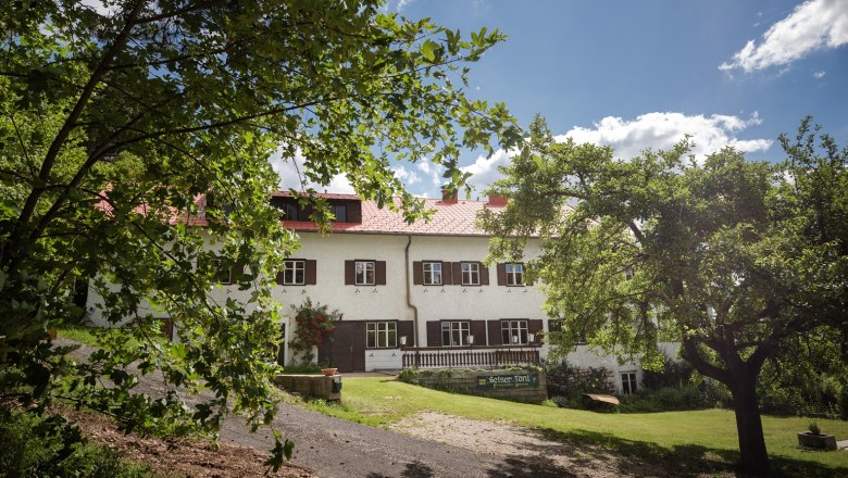A traditional building with a red roof, surrounded by green trees and meadows, under a blue sky.