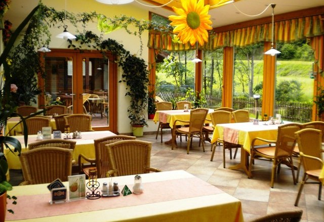 A cozy winter garden with yellow tablecloths, rattan furniture and plants. Large windows offer a view of the greenery. A large sunflower hangs from the ceiling.