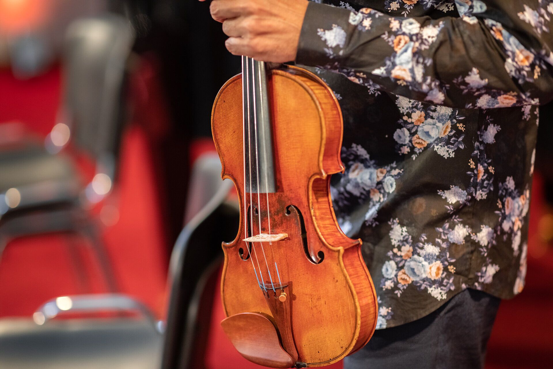 Ein Musiker hält eine Geige in seiner Hand