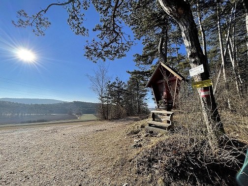 Ein sonniger Aussichtspunkt mit einer kleinen Holzh&uuml;tte und Wegweisern an einem Baum.