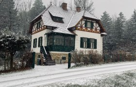 Ein verschneites Haus im traditionellen Stil mit gr&uuml;nen Fensterl&auml;den, umgeben von B&auml;umen und einer schneebedeckten Stra&szlig;e.