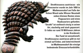 Relief eines gepanzerten Dinosauriers mit Text über den Struthiosaurus austriacus.