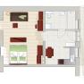 Floor plan of an apartment with living room, bedroom, kitchen, bathroom and balcony.