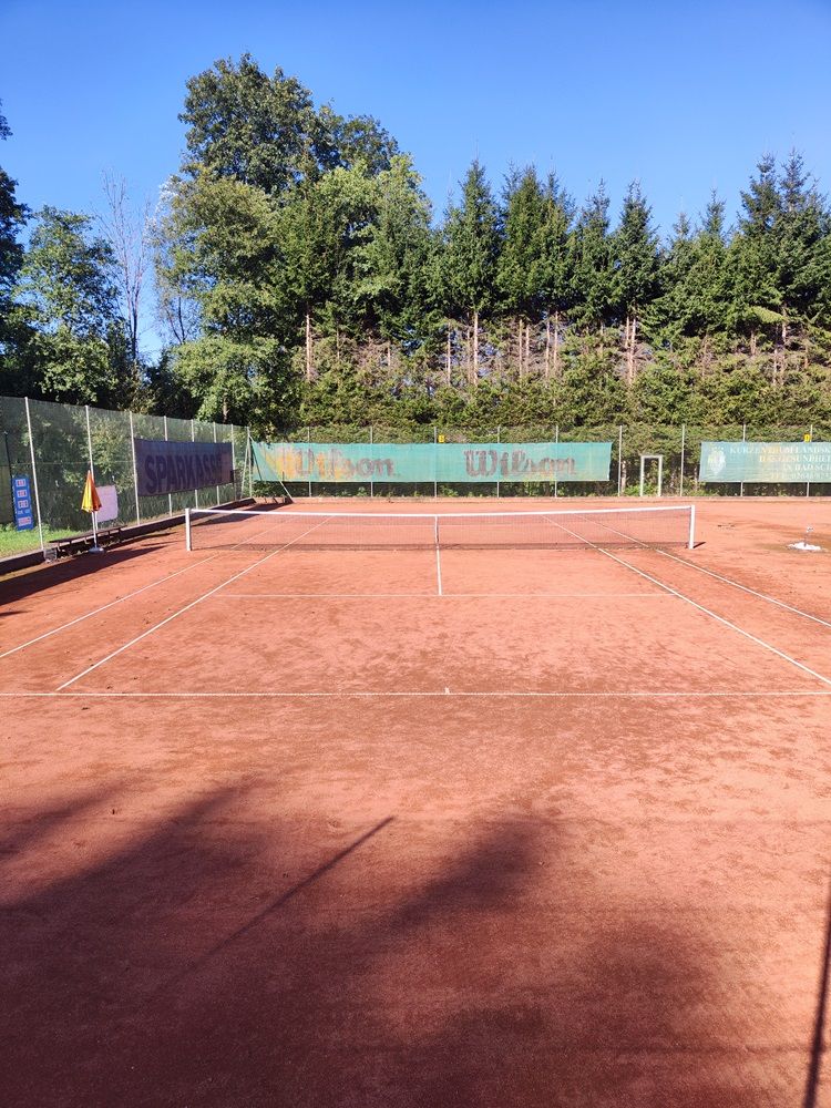 Ein leerer Tennisplatz mit rotem Sandbelag und umliegenden Bäumen.