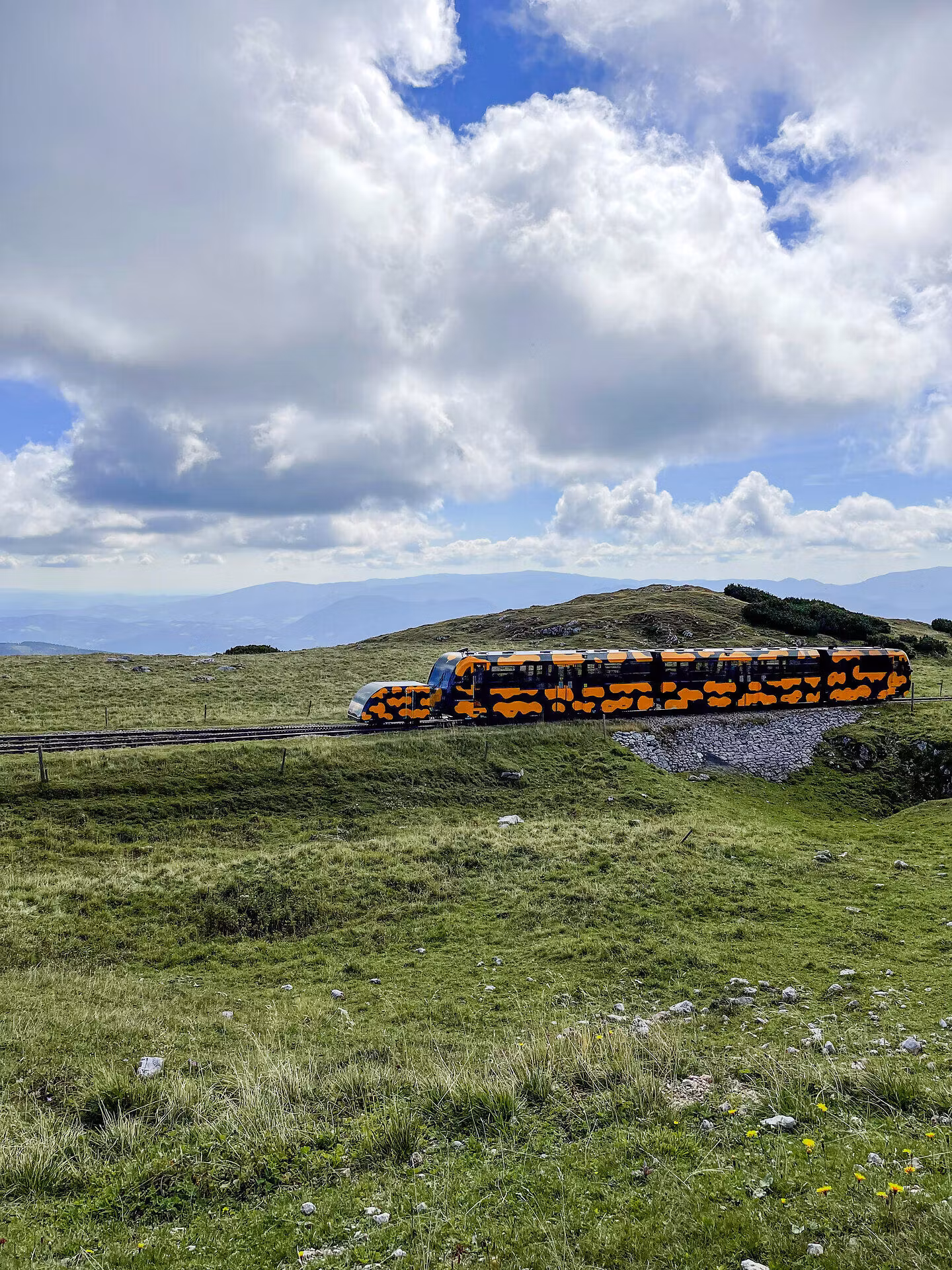 Ein farbenfroher Zug schlängelt sich durch die sanften Hügel der Wiener Alpen, umgeben von üppigem Grün und majestätischen Ausblicken. Die Wolken ziehen gemächlich über den Himmel und verleihen der Szenerie eine friedliche Atmosphäre, die zum Verweilen einlädt.