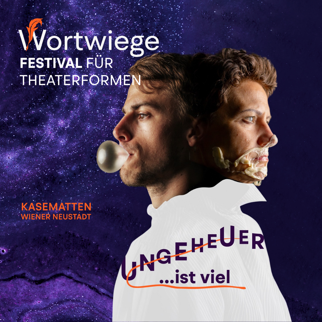 Zwei Männer im Profil vor einem lila Hintergrund, einer mit Kaugummi, der andere mit Sahne im Gesicht. Text: Wortwiege Festival für Theaterformen, Kasematten Wiener Neustadt.
