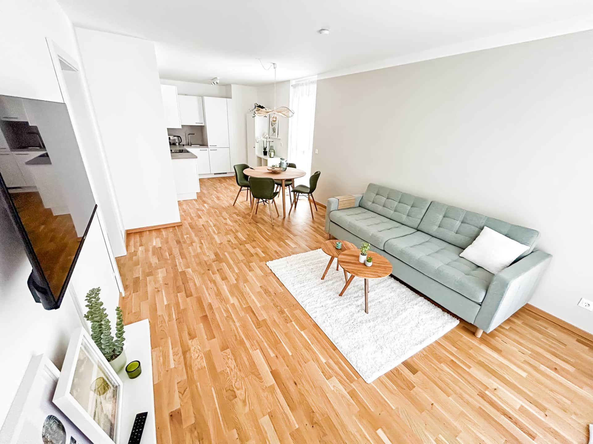 Living room with sage green couch, TV and view into the dining room and kitchen.