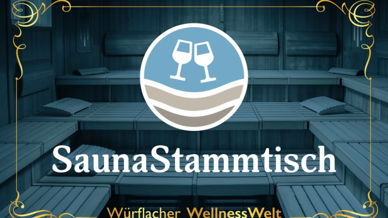 Logo des SaunaStammtischs in einer Sauna mit Holzbänken.