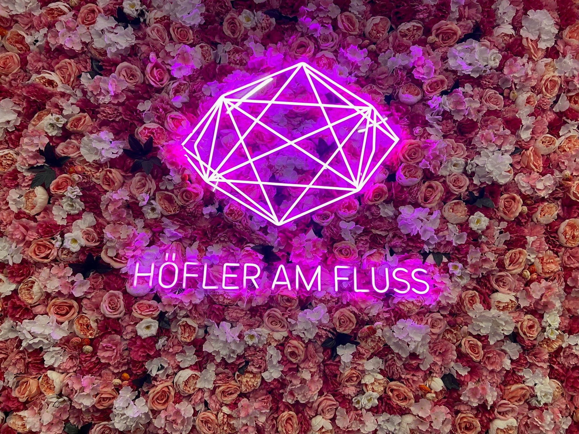 Pinker Neon-Schriftzug 'Höfler am Fluss' vor einer Wand aus rosa Blumen.