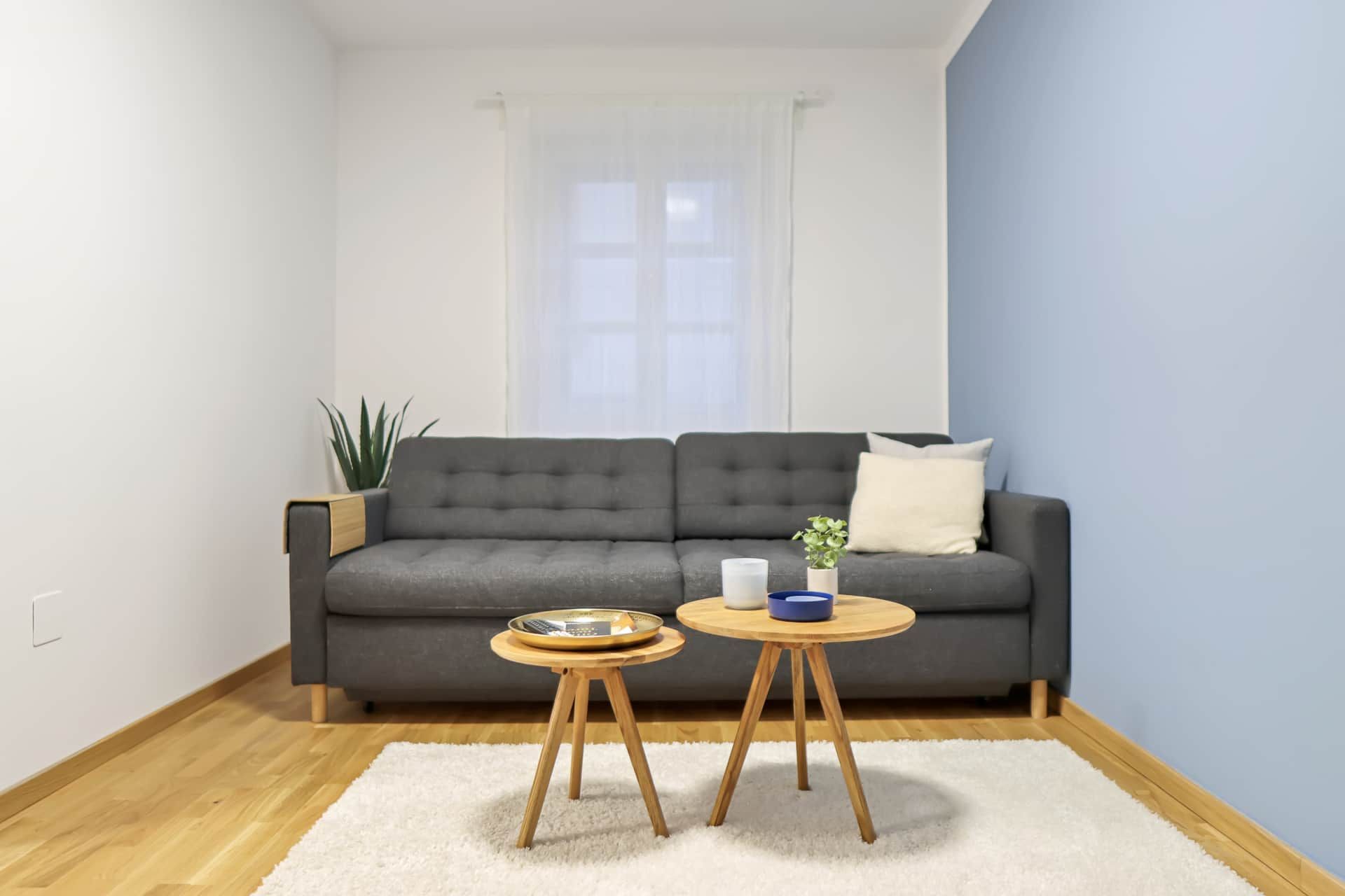 Living room with window, dark gray couch and living room table