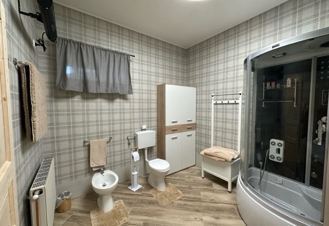 Modernes Badezimmer mit Duschkabine, Bidet, Toilette und Schrank auf Holzfußboden.