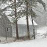 A modern house in the forest, surrounded by snow and trees, while it is snowing heavily.