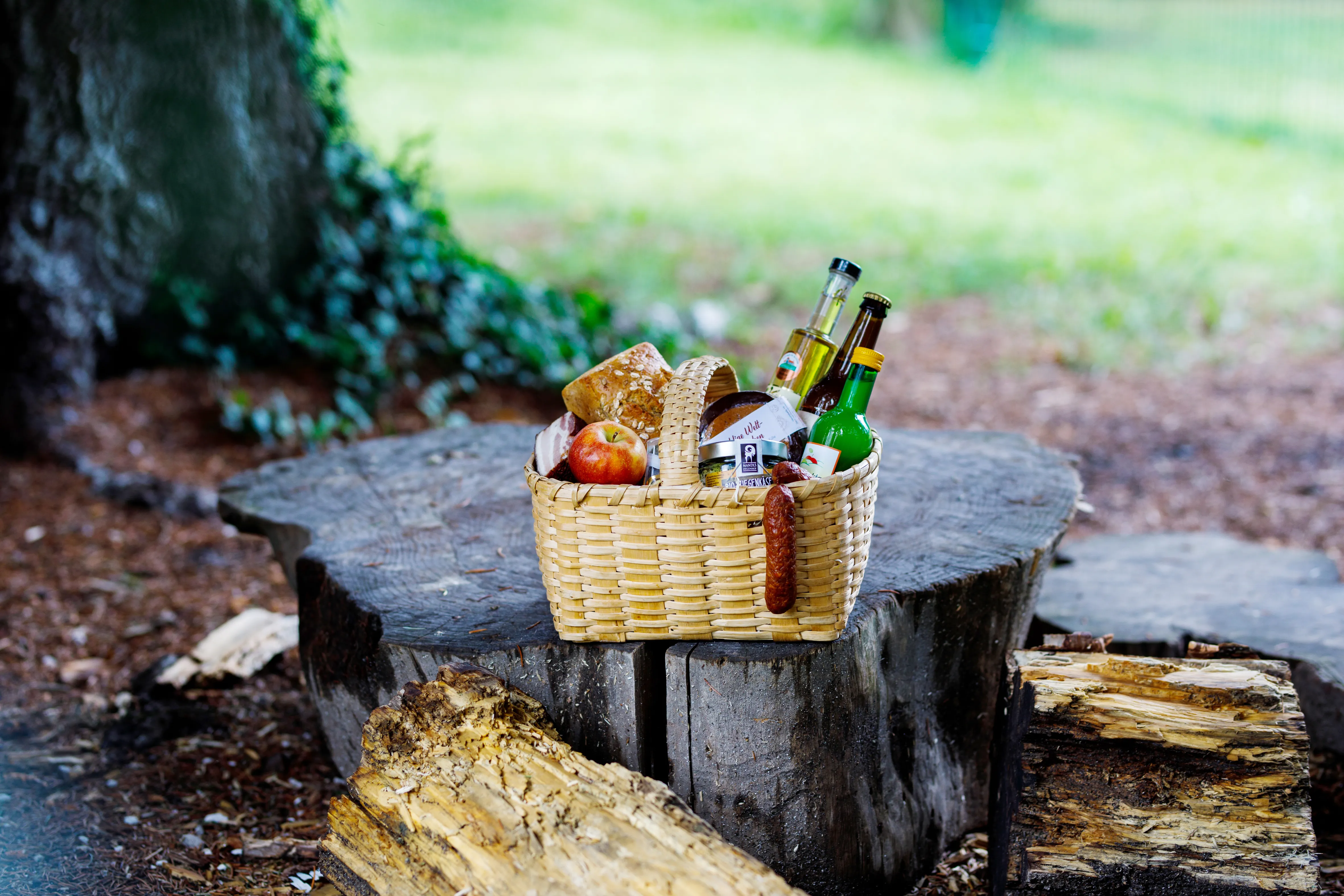 Ein Geschenkkorb mit regionalen Lebensmitteln auf einem Holzstumpf.