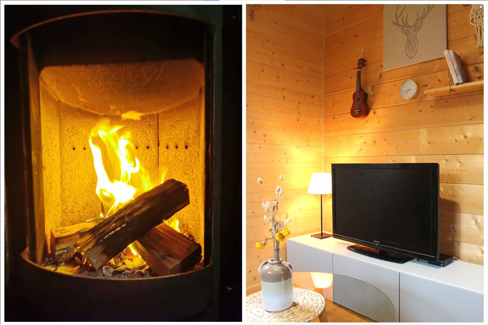 Ein brennender Kamin und ein gemütliches Wohnzimmer mit Fernseher, Lampe und Dekoration.