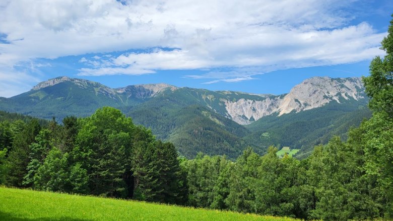 Mountain landscape with green meadows and wooded hills under a blue sky.