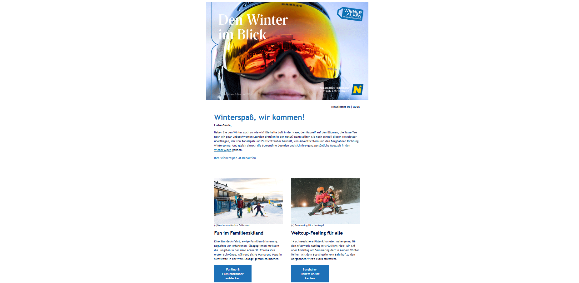 Der Screenshot zeigt einen Ausschnitt des Wiener Alpen Newsletter zum Thema "Den Winter im Blick: Winterspaß, wir kommen!". 