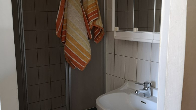 Kleines Badezimmer mit Dusche, Waschbecken und Handtüchern.