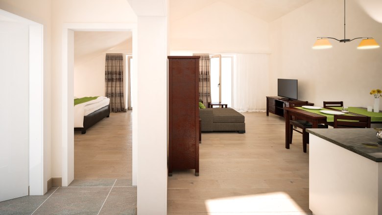 Innenansicht einer modernen Wohnung mit Wohnzimmer, Essbereich und Schlafzimmer.