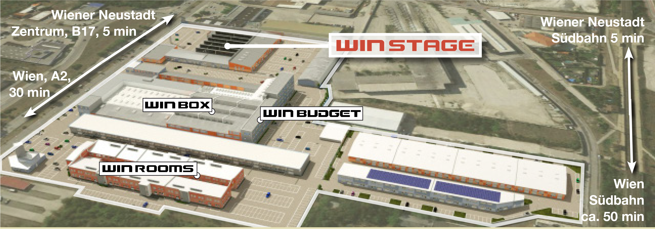 Luftaufnahme des WINSTAGE-Geländes in Wiener Neustadt mit Beschriftungen der Gebäude und Entfernungen zu wichtigen Orten.