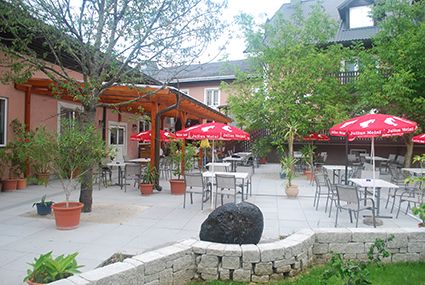 A guest garden with tables, chairs and red parasols on a terrace with trees and plants.