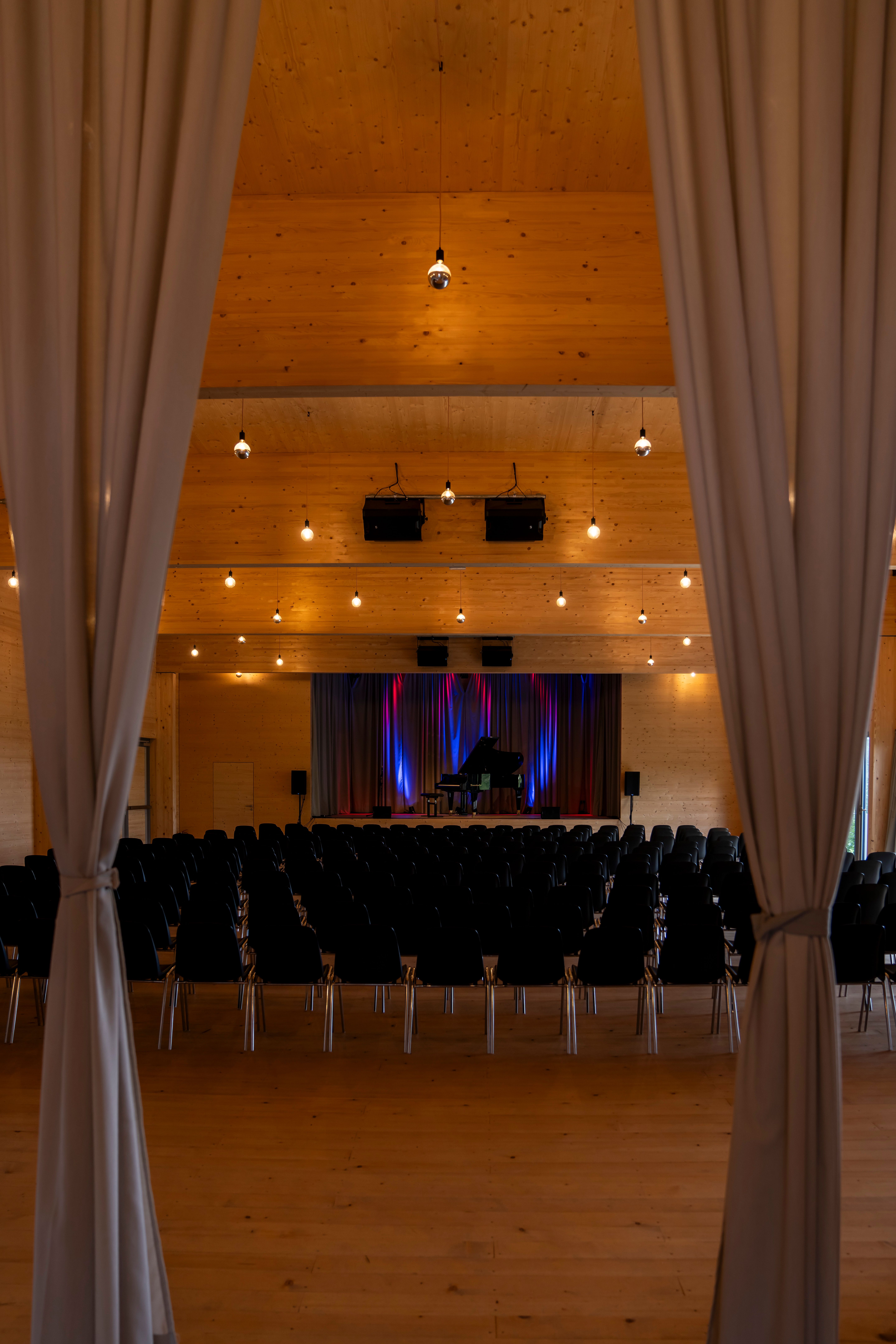 Unter dem schattenspendenden Baum versammeln sich zahlreiche Besucher, um den Klängen der Festspiele zu lauschen. Die sanfte Brise trägt den Duft von frischen Blumen und der grünen Wiesen in die Luft, während die Sonne die Szenerie in warmes Licht taucht.
