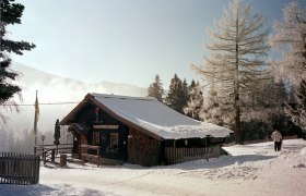 Eine verschneite Berghütte in winterlicher Landschaft mit Bäumen und einem Spaziergänger.