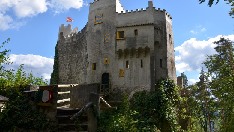 Burg Grimmenstein mit Brücke, Zinnen und blau-gelb gestrichenen Fensterläden im Grünen.